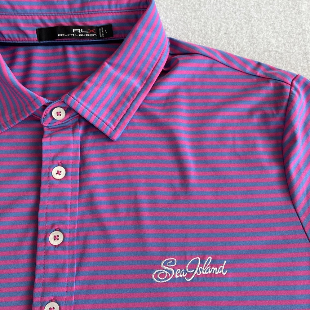 RLX Ralph Lauren Polo Shirt Large Blue Pink Striped Sea Island Golf Preppy